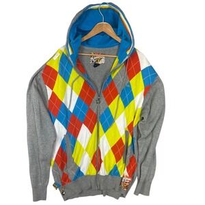 Vintage Y2K Akademiks Mens 2XL Hoodie Full Zip Argyle Gray Blue Red Yellow